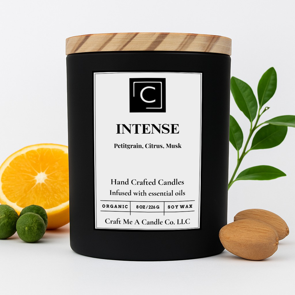 Intense Scented Candle – Petitgrain, Citrus, Musk | Natural Soy Wax Candles | Round Jar Candles