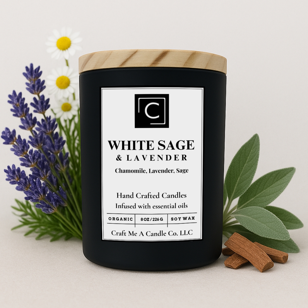 White Sage & Lavender Scented Candle – Chamomile, Lavender, Sage | Natural Soy Wax Candles | Round Jar Candles
