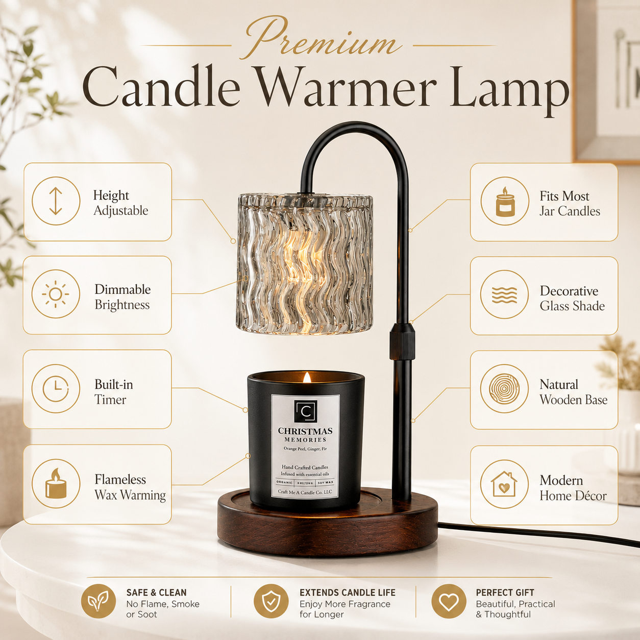 Candle Warmer Lamp with Wavy Glass Shade | Dimmable Wax Melt Lantern | Electric Wax Burner | Japandi Desk Lamp | Flameless Candle Light
