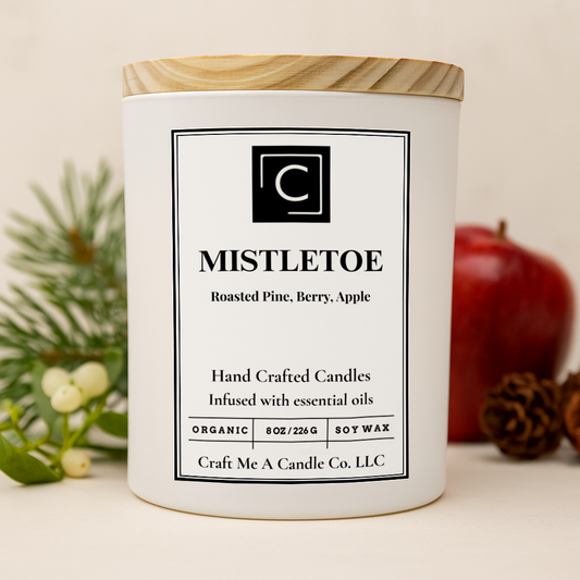 Mistletoe Candle – Roasted Pine Berry Apple – Hand Poured Soy Coconut Blend with Wooden Lid – 8oz & 14oz