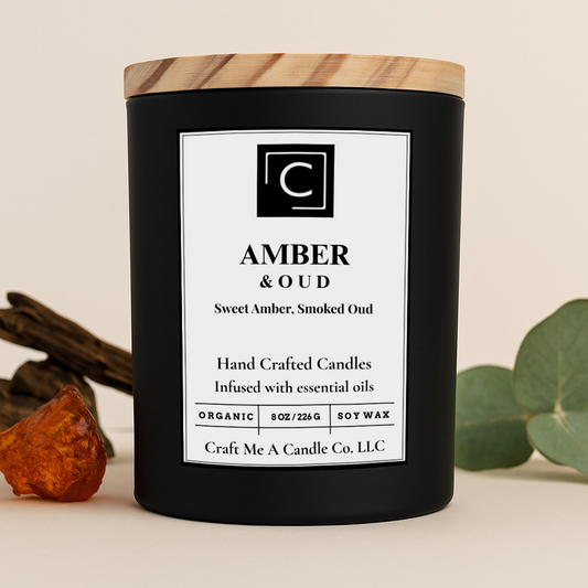 Amber & Oud Scented Candle – Sweet Amber, Smoked Oud | Natural Soy Wax Candles | Round Jar Candles