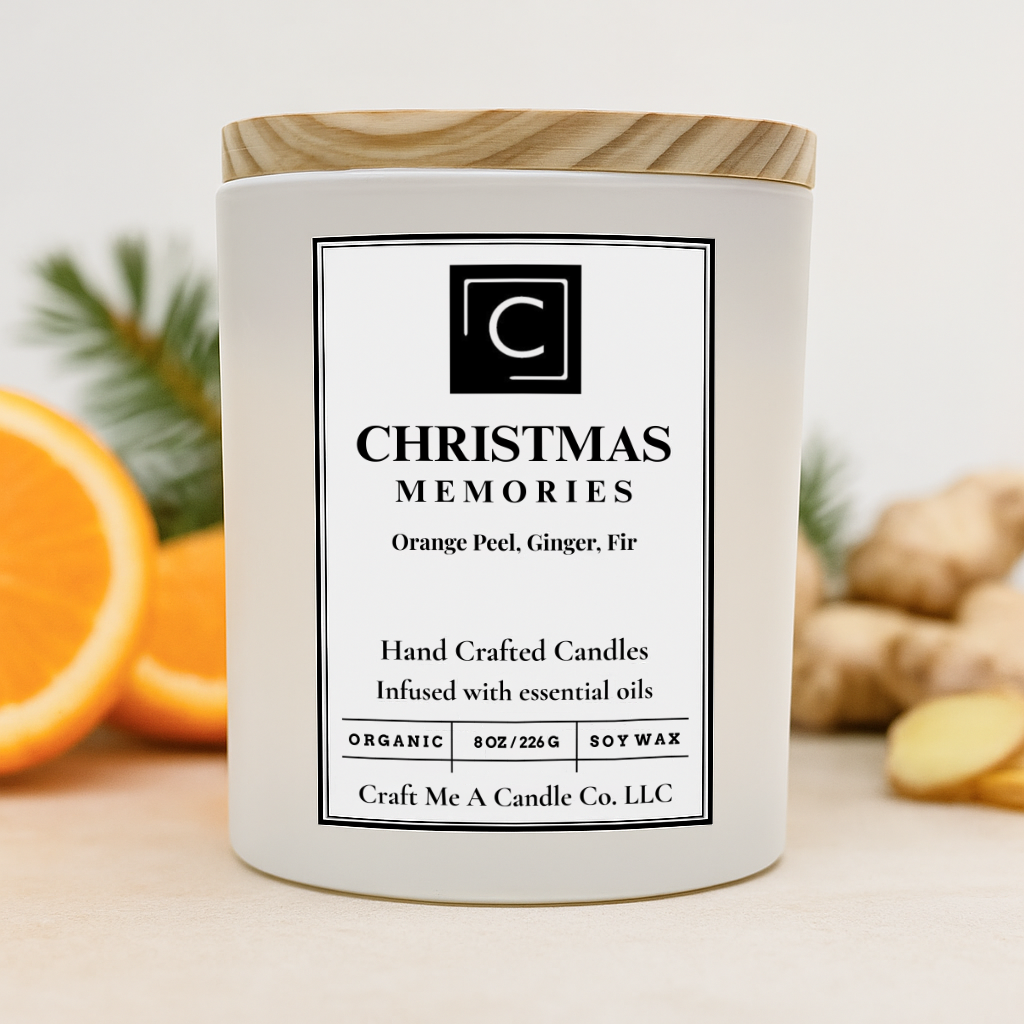 Christmas Memories Candle – Orange Peel Ginger Fir – Hand Poured Soy Coconut Blend Holiday Scent – 8oz & 14oz Matte Glass