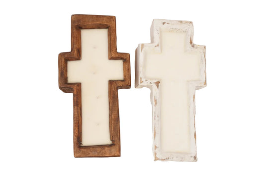 Small Wood Dough Bowl Cross Candle - Scented Cross Shape Candle- Soy Wax Candles