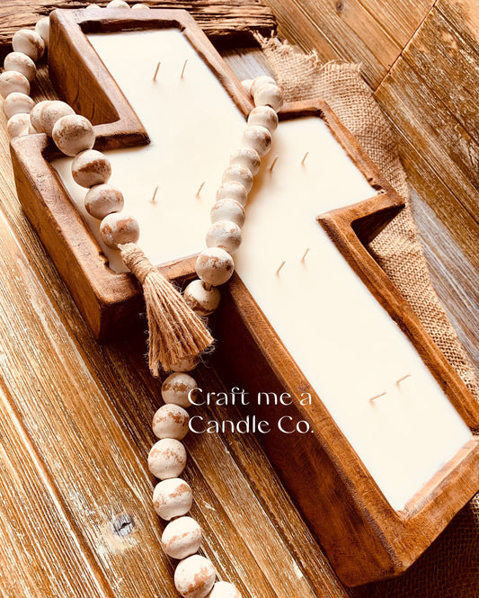 Large Wood Dough Bowl Candle - Scented Cross shape Candle- Soy Wax Candles