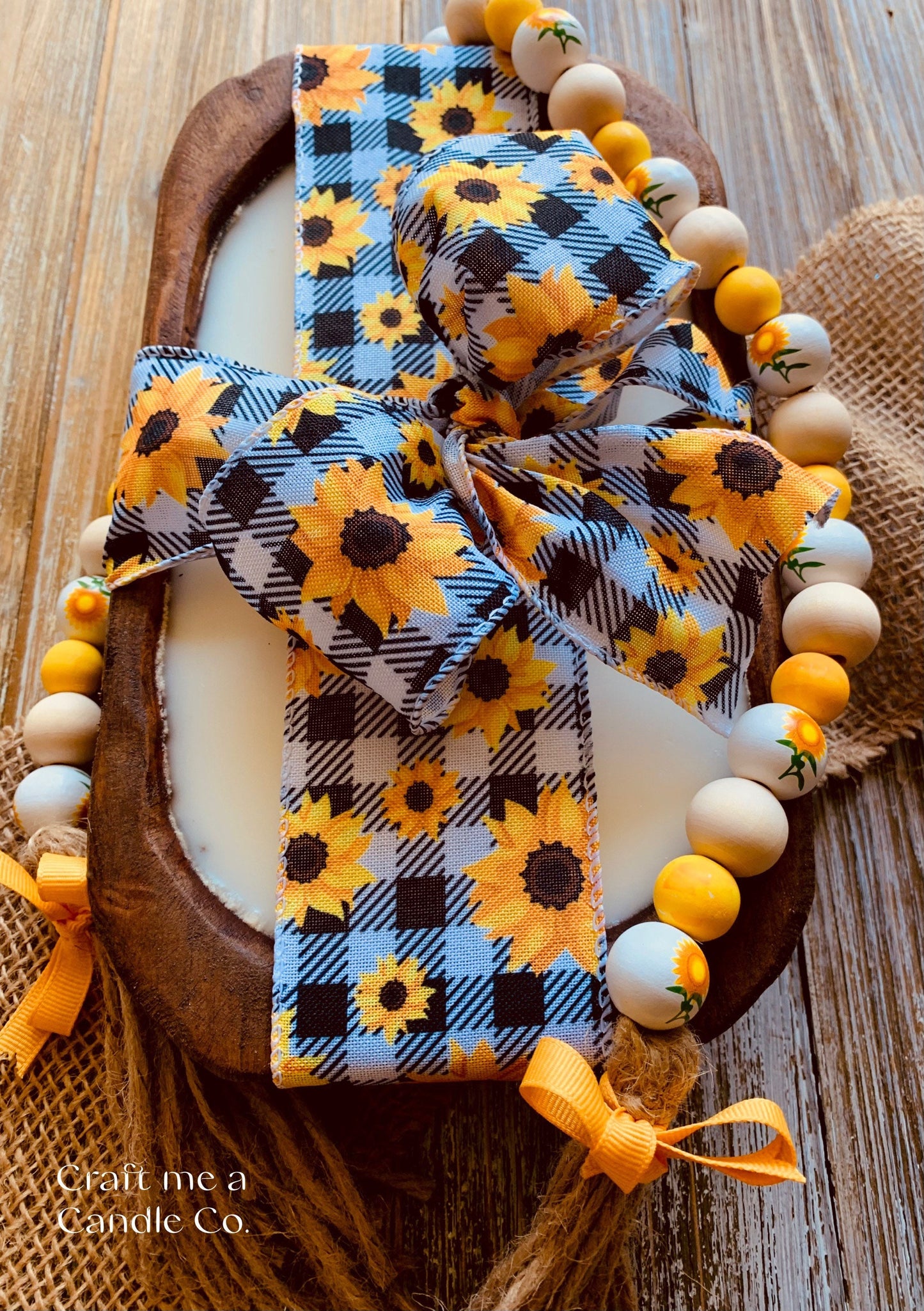 Wood Dough Bowl Soy Wax Candle- Farmhouse style Dough Bowl Candle - Sunflower Theme Candle