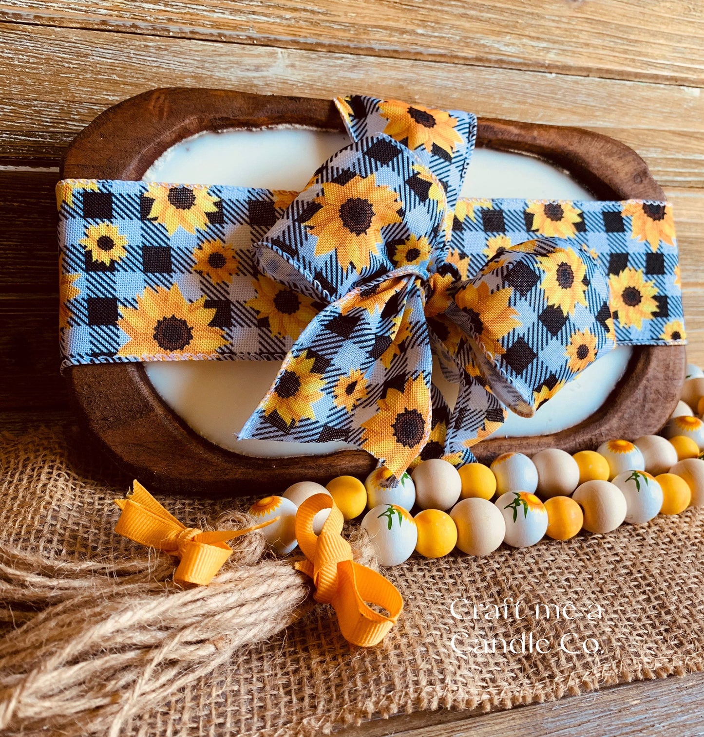 Wood Dough Bowl Soy Wax Candle- Farmhouse style Dough Bowl Candle - Sunflower Theme Candle
