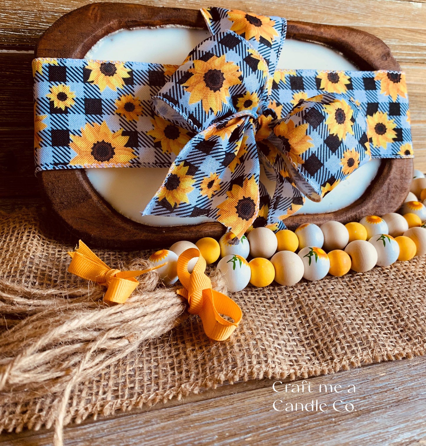 Wood Dough Bowl Soy Wax Candle- Farmhouse style Dough Bowl Candle - Sunflower Theme Candle