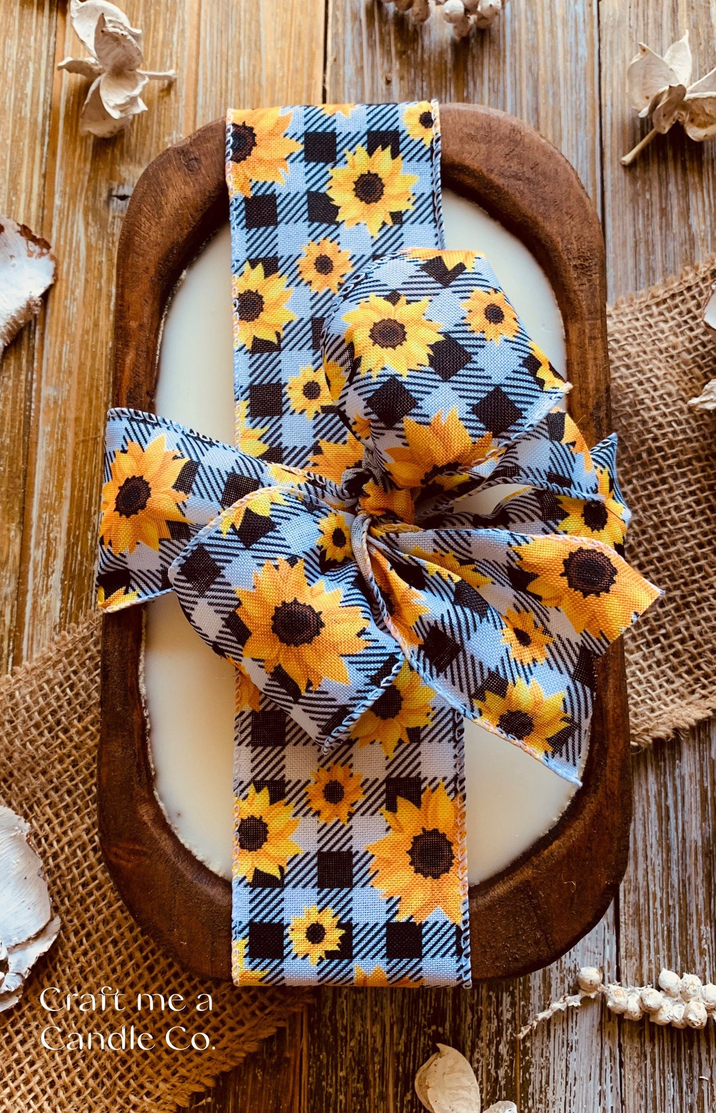 Wood Dough Bowl Soy Wax Candle- Farmhouse style Dough Bowl Candle - Sunflower Theme Candle