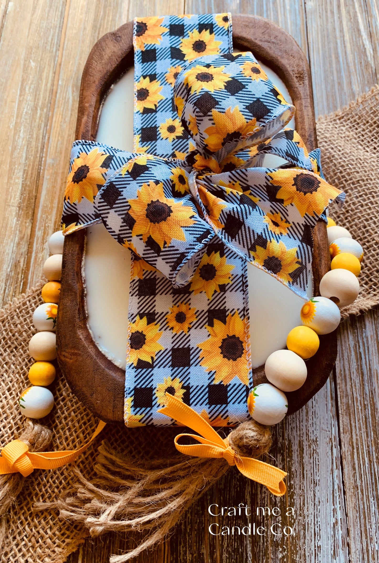 Wood Dough Bowl Soy Wax Candle- Farmhouse style Dough Bowl Candle - Sunflower Theme Candle