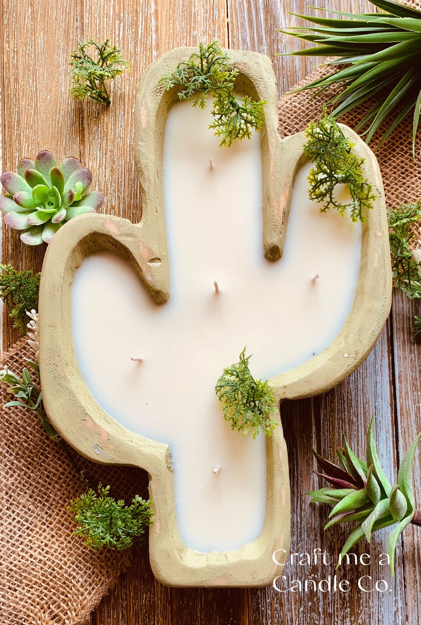 Cactus Shape Wood Dough Bowl Candle- Soy Wax Dough Bowl candles