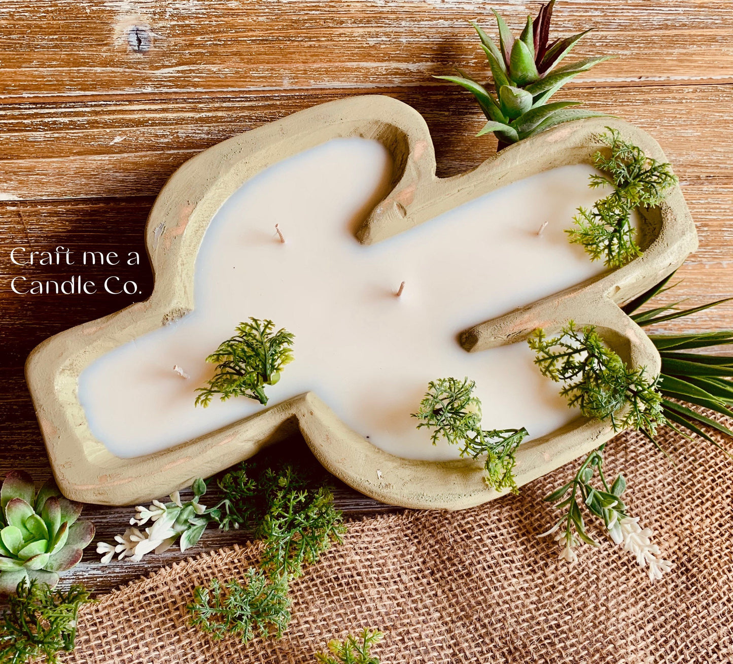 Cactus Shape Wood Dough Bowl Candle- Soy Wax Dough Bowl candles