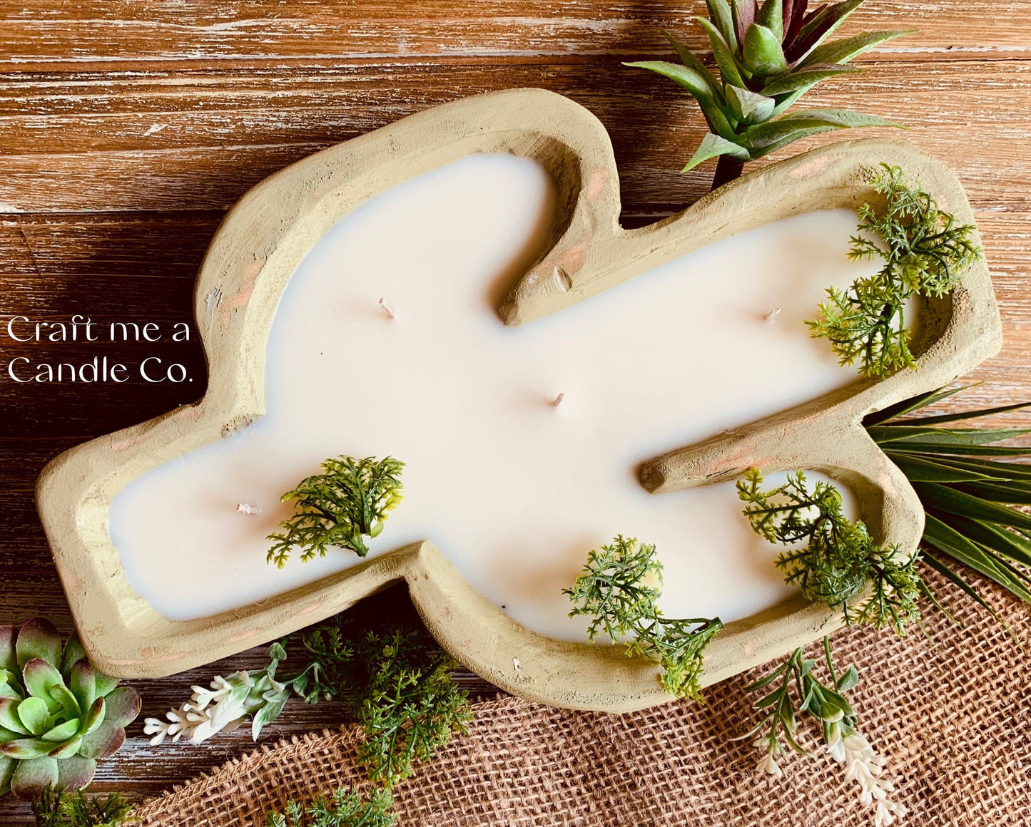 Cactus Shape Wood Dough Bowl Candle- Soy Wax Dough Bowl candles