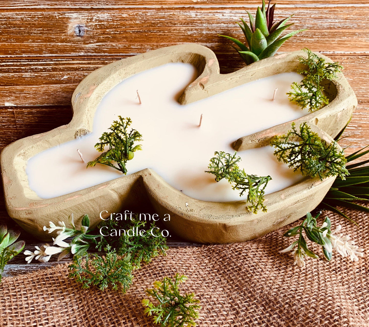 Cactus Shape Wood Dough Bowl Candle- Soy Wax Dough Bowl candles