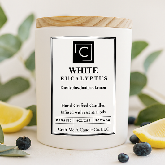 White Eucalyptus Candle – Fresh Eucalyptus Juniper Lemon – Hand Poured Soy Coconut Blend with Wooden Lid – 8oz & 14oz