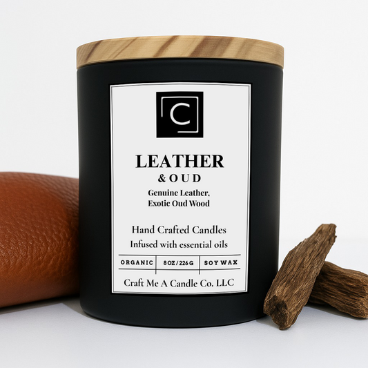 Leather & Oud Scented Candle – Genuine Leather, Exotic Oud Wood | Natural Soy Wax Candles | Round Jar Candles