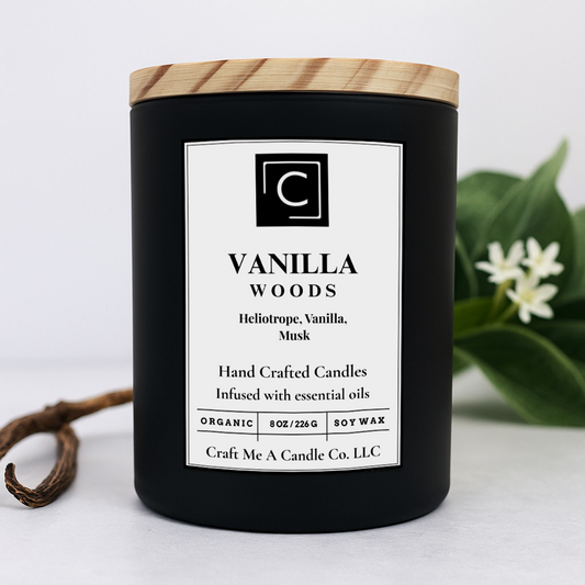 Vanilla Woods Scented Candle – Heliotrope, Vanilla, Musk | Natural Soy Wax Candles | Round Jar Candles