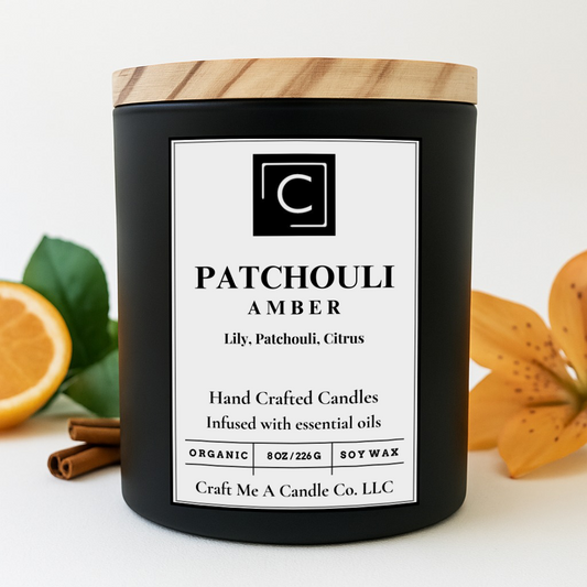 Patchouli Amber Scented Candle – Lily, Patchouli, Citrus | Natural Soy Wax Candles | Round Jar Candles