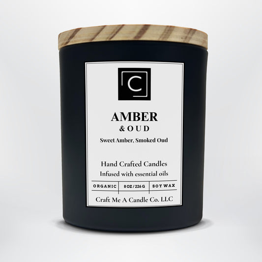 Amber & Oud Scented Candle – Sweet Amber, Smoked Oud | Natural Soy Wax Candles | Round Jar Candles