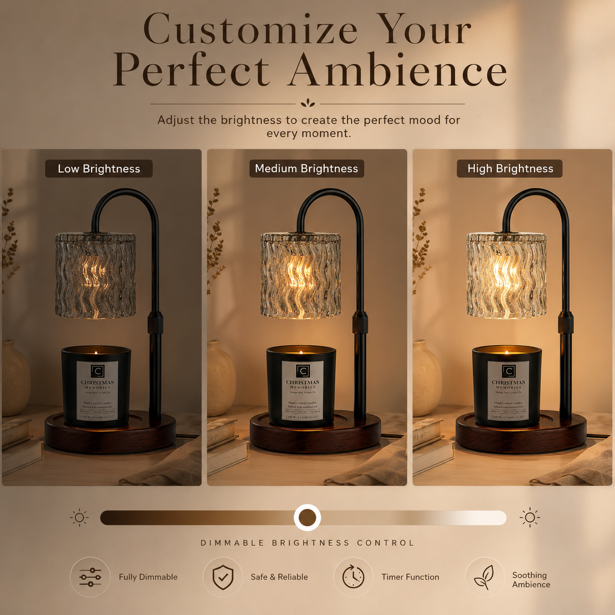 Candle Warmer Lamp with Wavy Glass Shade | Dimmable Wax Melt Lantern | Electric Wax Burner | Japandi Desk Lamp | Flameless Candle Light