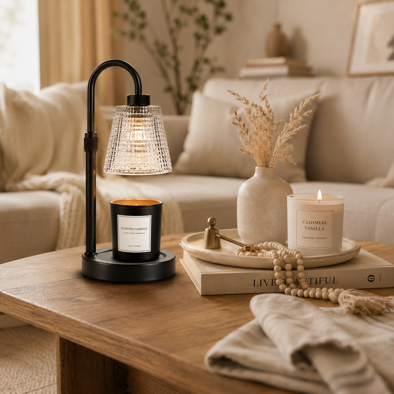 Dimmable Electric Candle Warmer Lamp | Wax Melter With Ribbed Glass Shade | Cozy Room Decor | Top Down Candle Melt | Black Metal Lamp