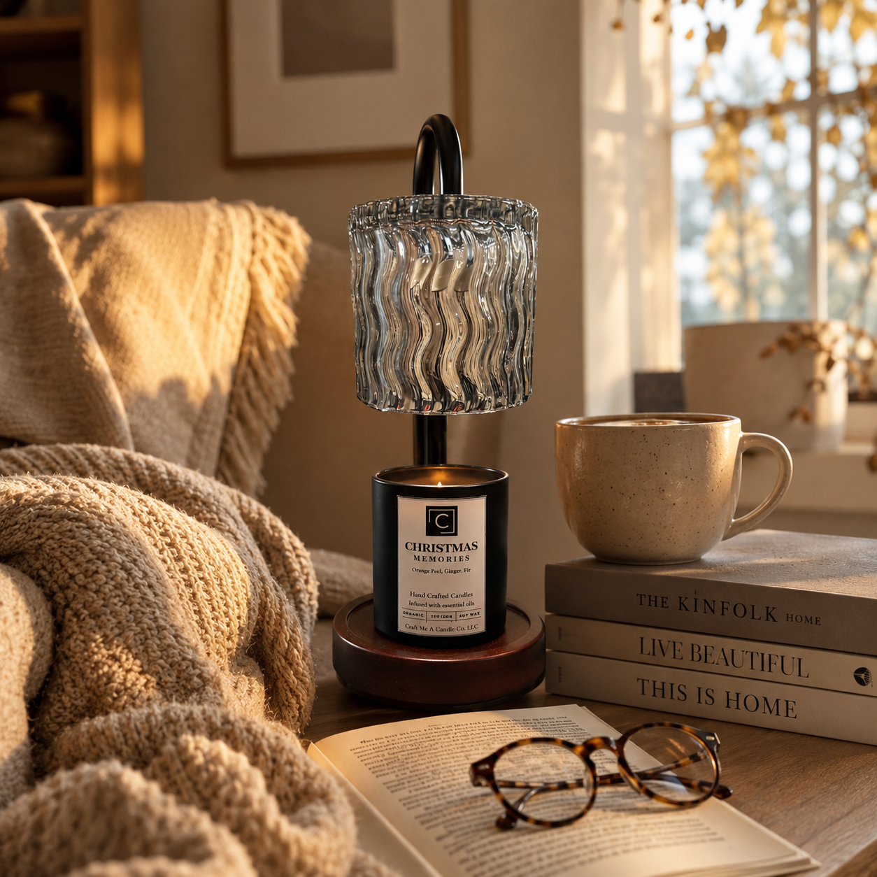 Candle Warmer Lamp with Wavy Glass Shade | Dimmable Wax Melt Lantern | Electric Wax Burner | Japandi Desk Lamp | Flameless Candle Light