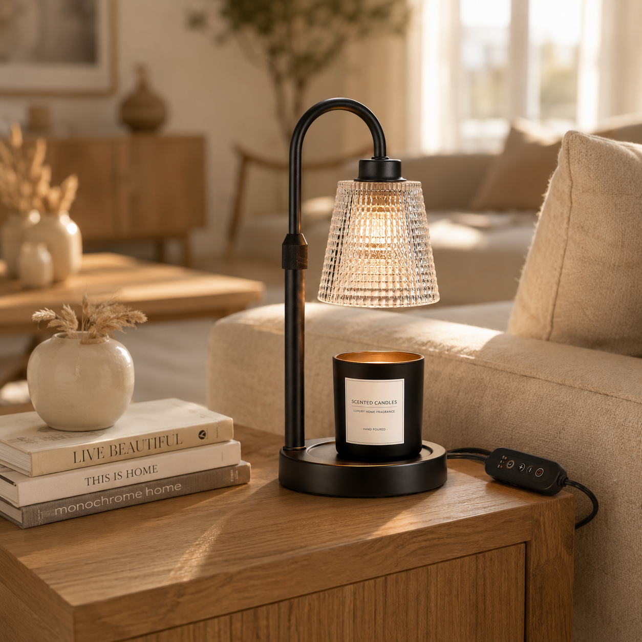 Dimmable Electric Candle Warmer Lamp | Wax Melter With Ribbed Glass Shade | Cozy Room Decor | Top Down Candle Melt | Black Metal Lamp