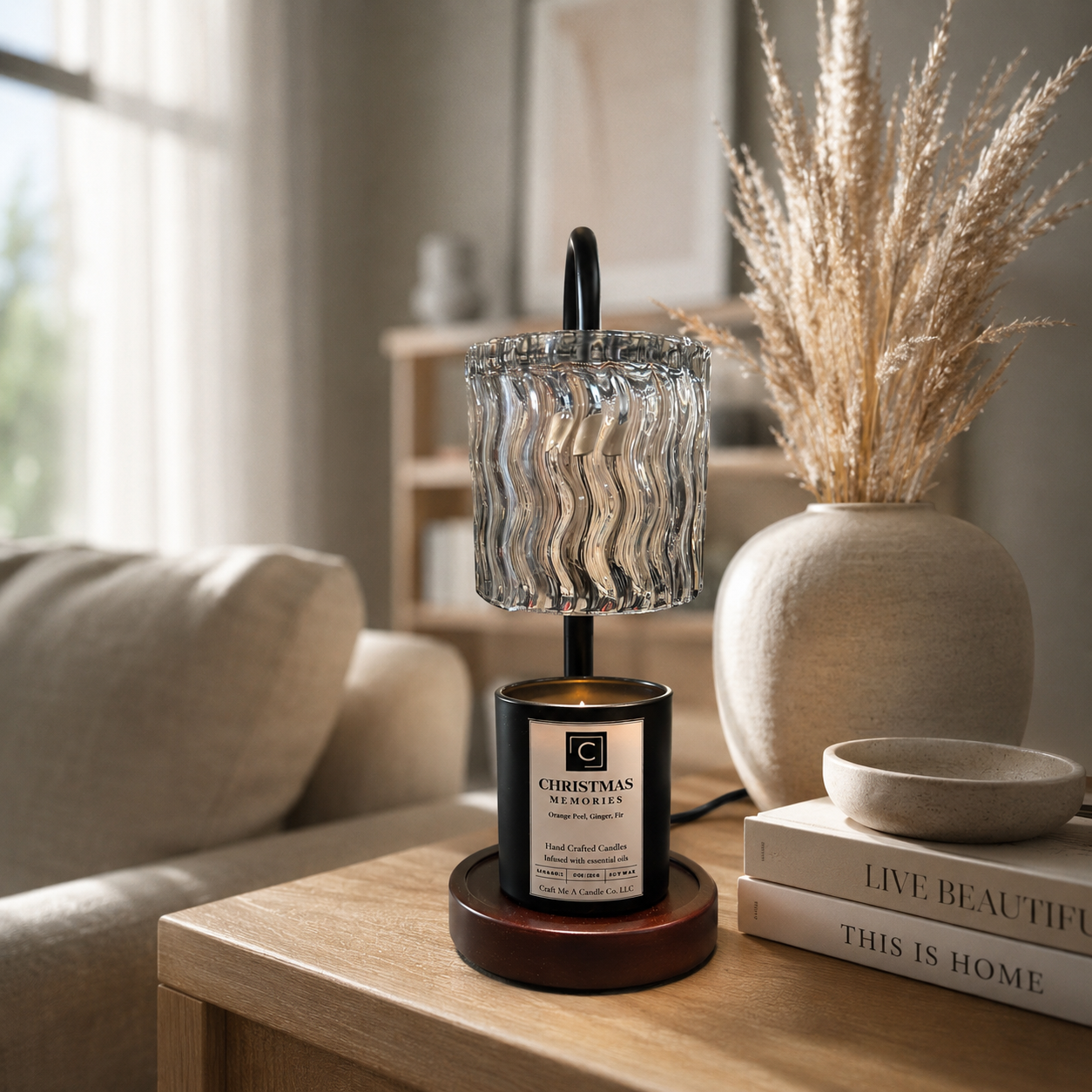 Candle Warmer Lamp with Wavy Glass Shade | Dimmable Wax Melt Lantern | Electric Wax Burner | Japandi Desk Lamp | Flameless Candle Light