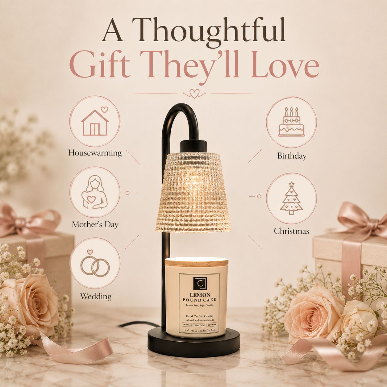Dimmable Electric Candle Warmer Lamp | Wax Melter With Ribbed Glass Shade | Cozy Room Decor | Top Down Candle Melt | Black Metal Lamp