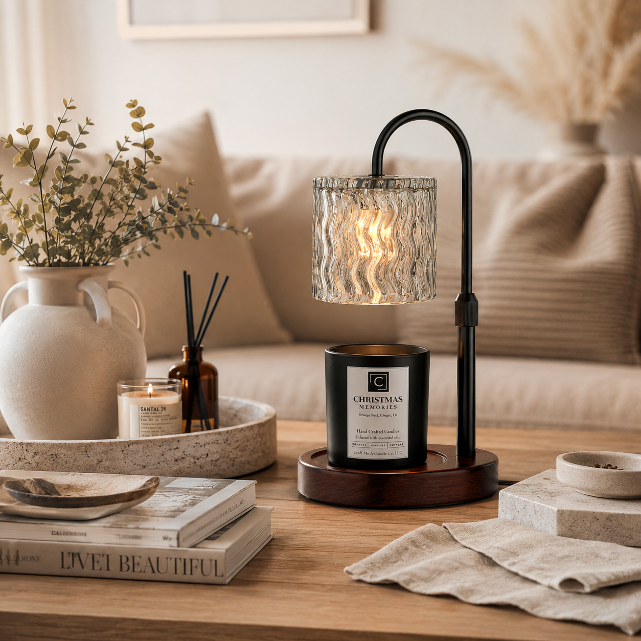 Candle Warmer Lamp with Wavy Glass Shade | Dimmable Wax Melt Lantern | Electric Wax Burner | Japandi Desk Lamp | Flameless Candle Light