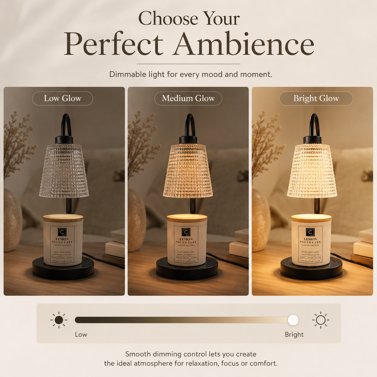 Dimmable Electric Candle Warmer Lamp | Wax Melter With Ribbed Glass Shade | Cozy Room Decor | Top Down Candle Melt | Black Metal Lamp