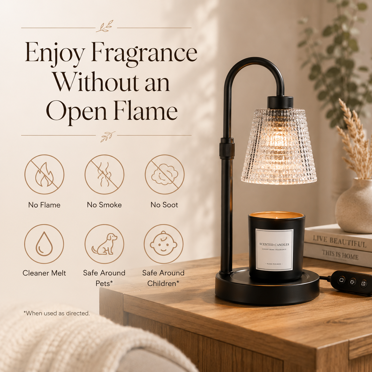 Dimmable Electric Candle Warmer Lamp | Wax Melter With Ribbed Glass Shade | Cozy Room Decor | Top Down Candle Melt | Black Metal Lamp