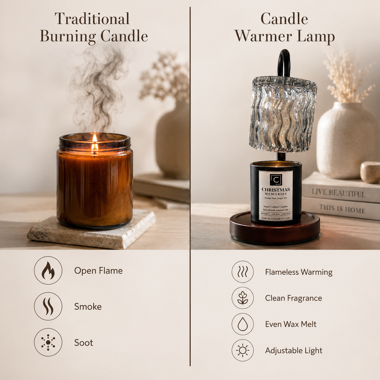 Candle Warmer Lamp with Wavy Glass Shade | Dimmable Wax Melt Lantern | Electric Wax Burner | Japandi Desk Lamp | Flameless Candle Light