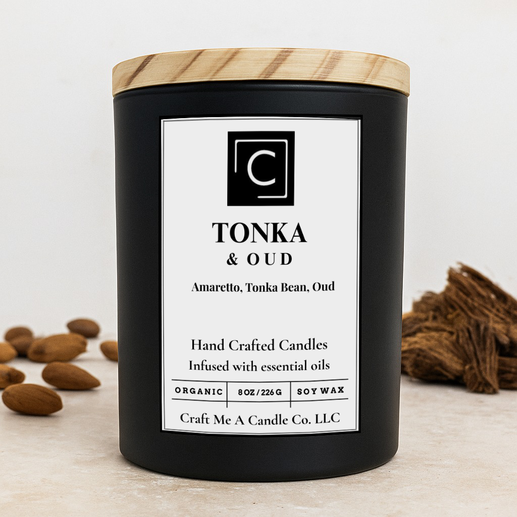 Tonka & Oud Scented Candle – Amaretto, Tonka Bean, Oud | Natural Soy Wax Candles | Round Jar Candles