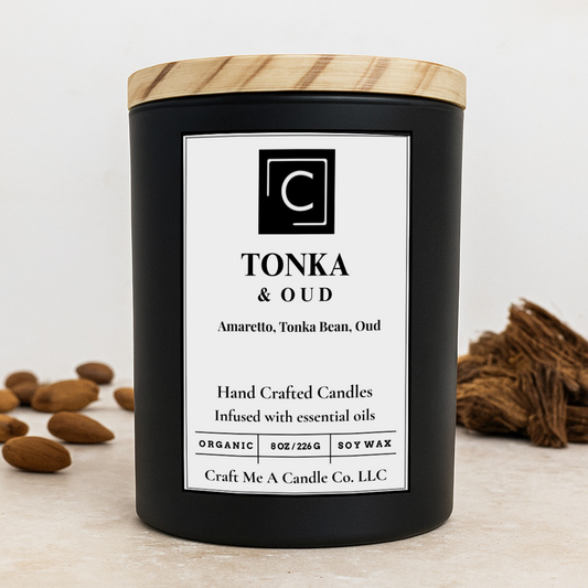Tonka & Oud Scented Candle – Amaretto, Tonka Bean, Oud | Natural Soy Wax Candles | Round Jar Candles