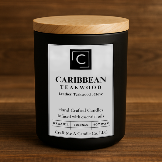 Caribbean Teakwood Scented Candle – Leather, Teakwood, Clove | Natural Soy Wax Candles | Round Jar Candles
