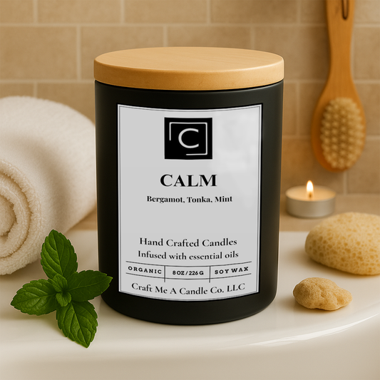 Calm Scented Candle – Bergamont, Tonka, Mint | Natural Soy Wax Candles | Round Jar Candles