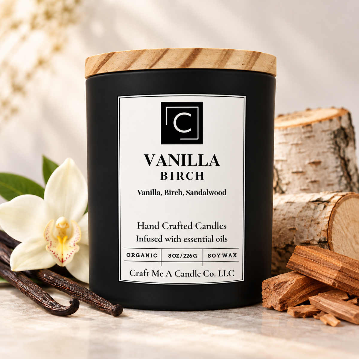 Vanilla Birch Scented Soy Candle 8oz – Vanilla, Birch, Sandalwood | Organic Soy Wax Candle