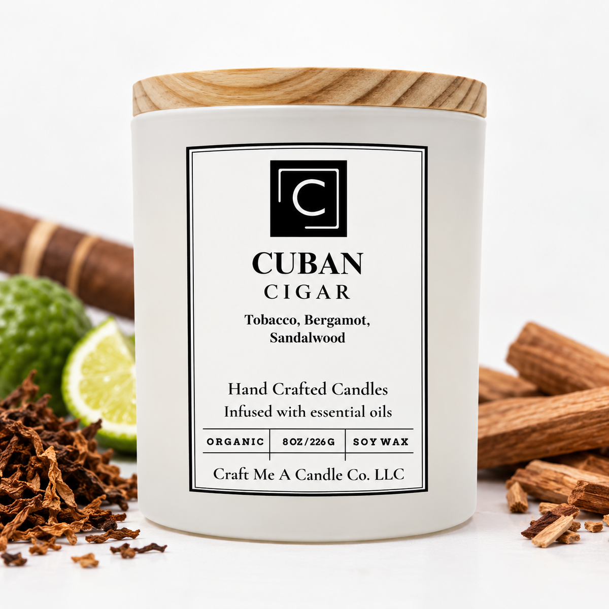 Cuban Cigar Soy Wax Candle 8oz - Tobacco, Bergamot, Sandalwood | Woodsy Scented Candle