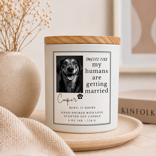 Custom Dog Photo Engagement Candle | Smells Like My Humans Are Getting Married | Newly Engaged Gift