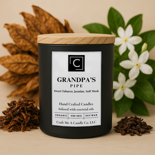 Grandpa's Pipe Scented Candle – Sweet Tabacco, Jasmine, Soft Musk | Natural Soy Wax Candles | Round Jar Candles