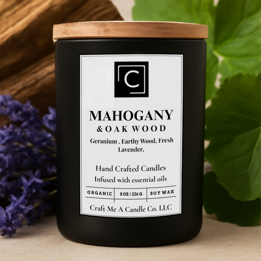 Mahogany & Oak Wood Scented Candle – Geranium, Earthy Woods, Fresh Lavender | Natural Soy Wax Candles | Round Jar Candles
