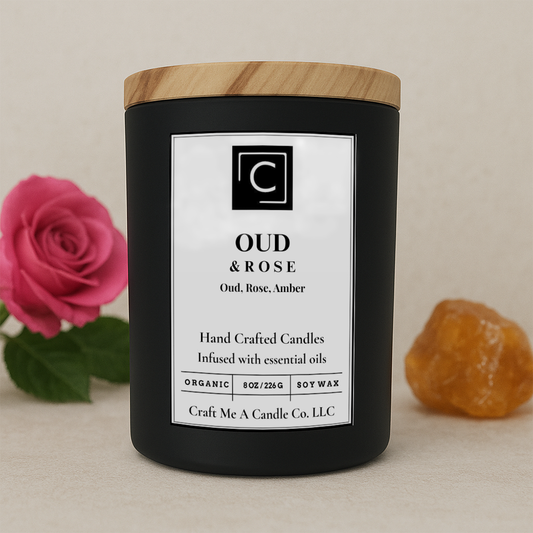 Oud & Rose Scented Candle – Oud, Rose, Amber | Natural Soy Wax Candles | Round Jar Candles