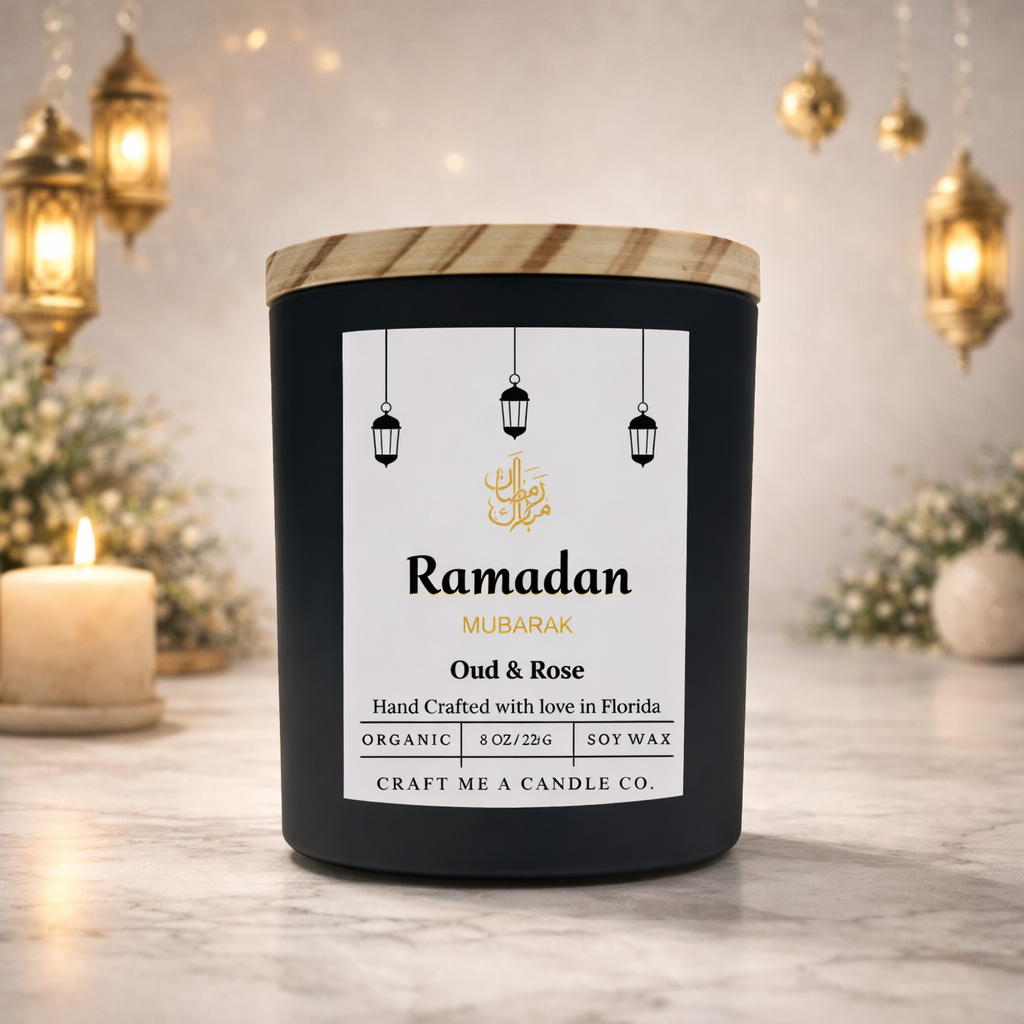 Ramadan Mubarak Soy Candle 8 oz Oud and Rose Black Jar Islamic Gift Eid Decor Handmade Scented Candle