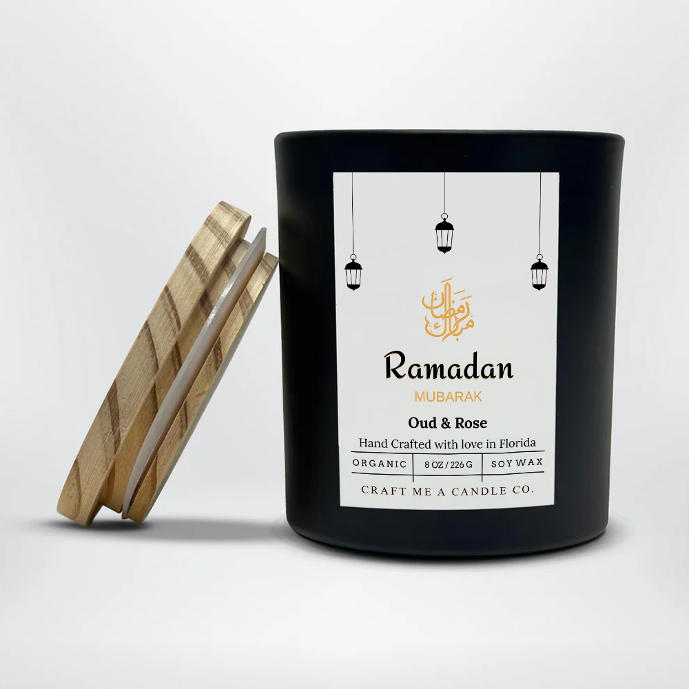 Ramadan Mubarak Soy Candle 8 oz Oud and Rose Black Jar Islamic Gift Eid Decor Handmade Scented Candle