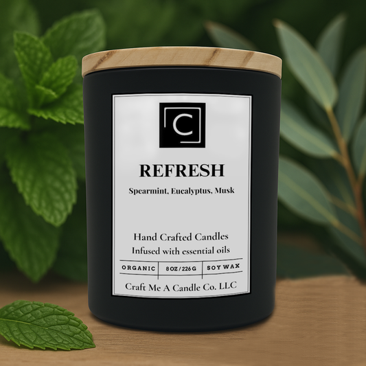 Refresh Scented Candle – Spearmint, Eucalyptus, Musk | Natural Soy Wax Candles | Round Jar Candles