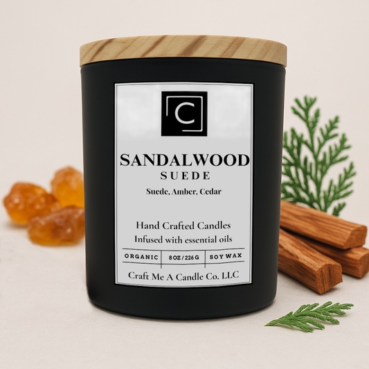 Sandalwood Suede Scented Candle – Suede, Amber, Cedar | Natural Soy Wax Candles | Round Jar Candles