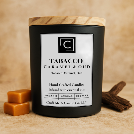 Tobacco Caramel & Oud Scented Candle – Tobacco, Caramel, Oud | Natural Soy Wax Candles | Round Jar Candles
