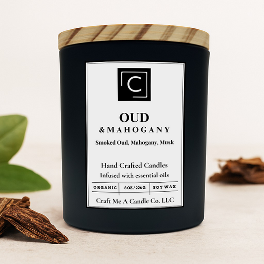 Oud & Mahogany Scented Candle – Smoked Oud, Mahogany, Musk | Natural Soy Wax Candles | Round Jar Candles