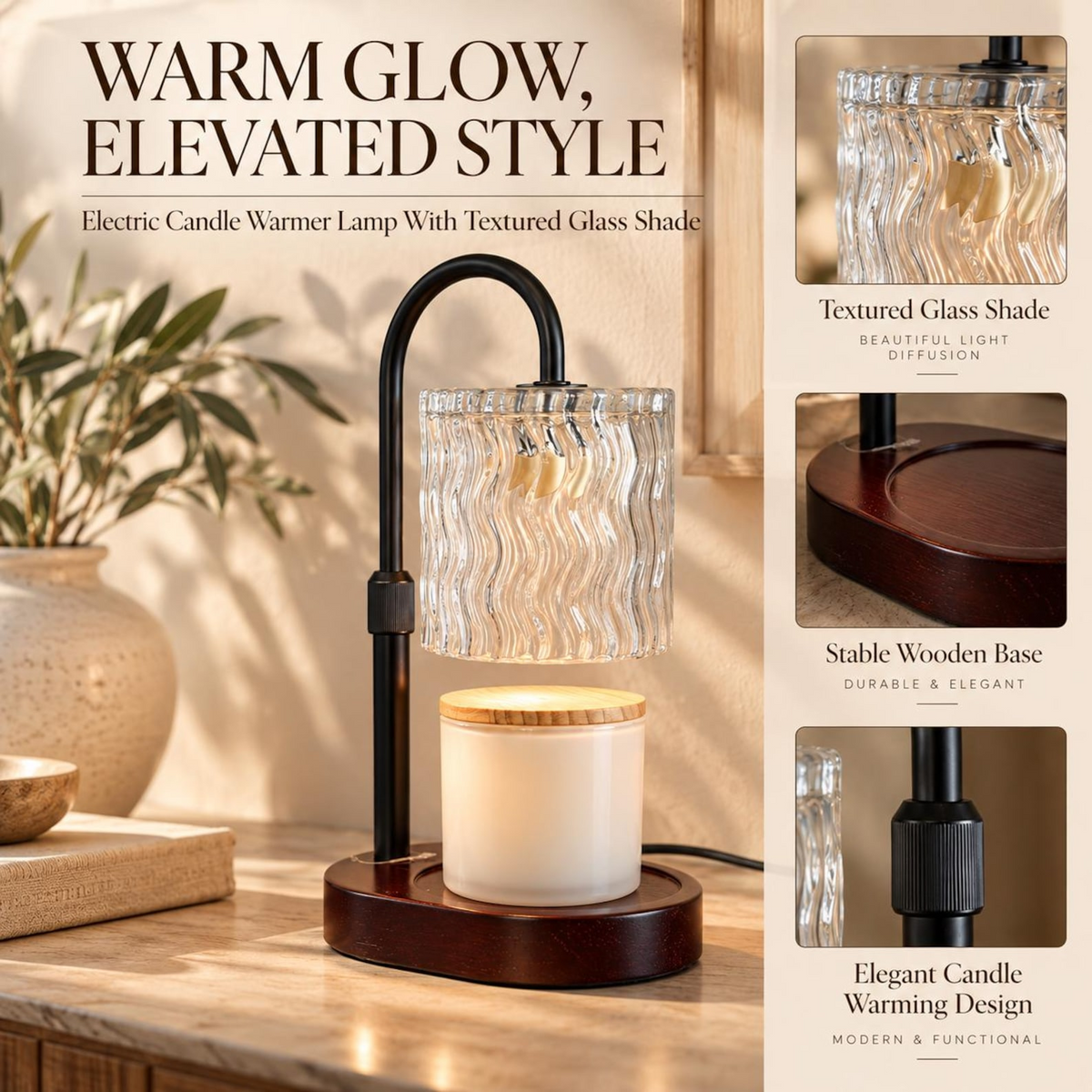 Electric Candle Warmer Lamp | Jar Candle Warmer | Wooden Base Dimmable Lamp | Cozy Home Wax Warmer