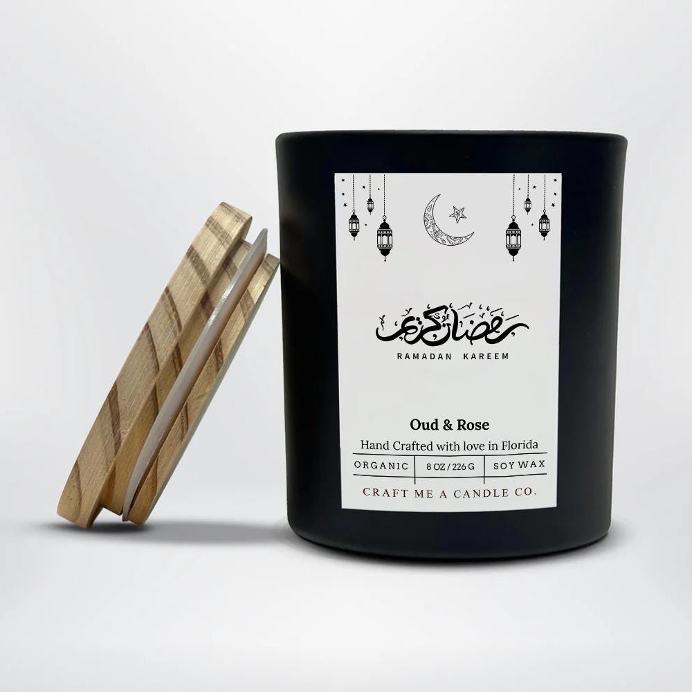 Ramadan Mubarak Soy Candle 8 oz Oud and Rose Black Jar Islamic Gift Eid Decor Handmade Scented Candle